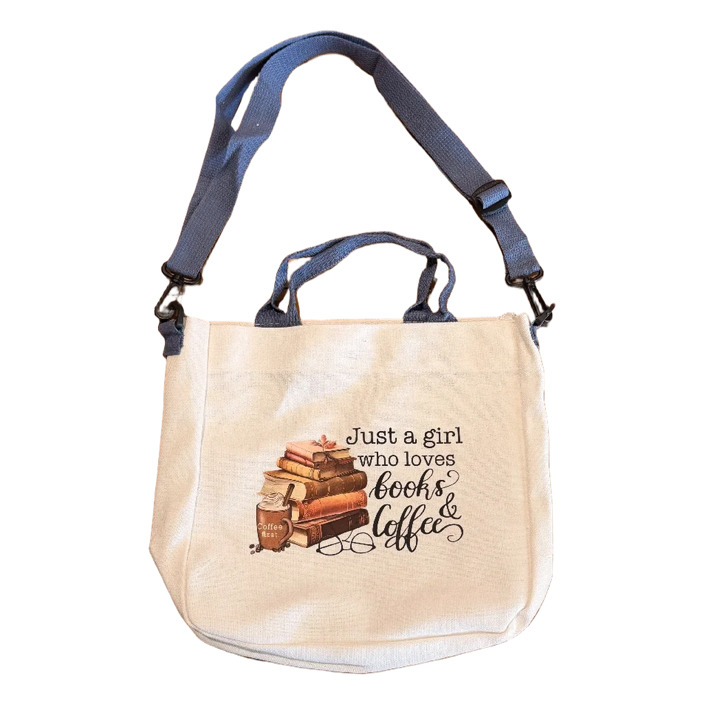 Crossbody Tote Bag - "Just a Girl Who Loves Books & Coffee"