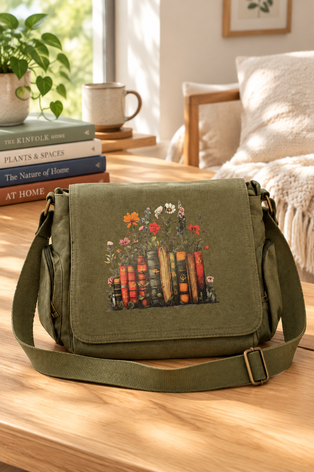 Multi-Pocket Crossbody Vintage Messenger Bag- "Books & Flowers"
